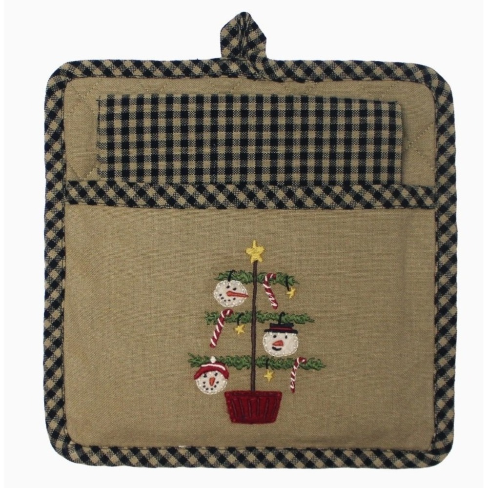 Primitive Snowman Feather Tree Potholder & Homespun Tea Towel SET Raghu NEW‎